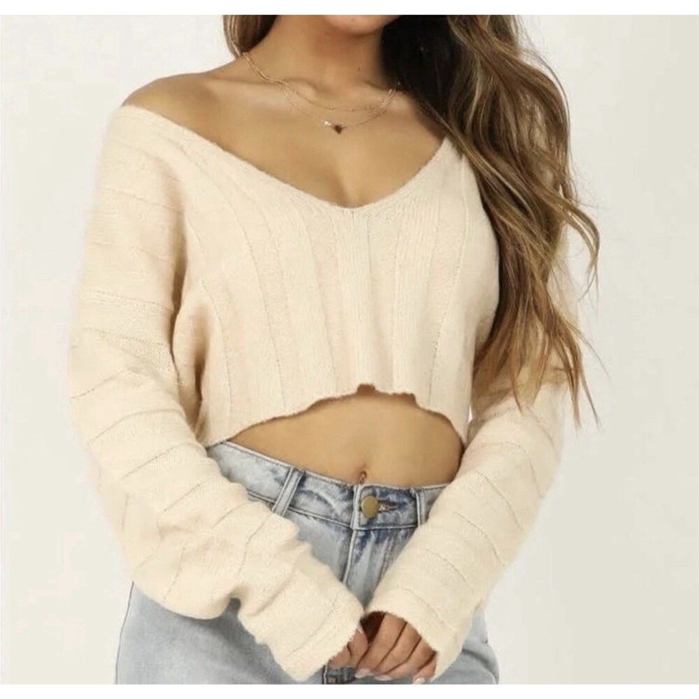 Forever 21 Large Ribbed Knit Crop Sweater Sz M Beige Moon-Shaped Hem